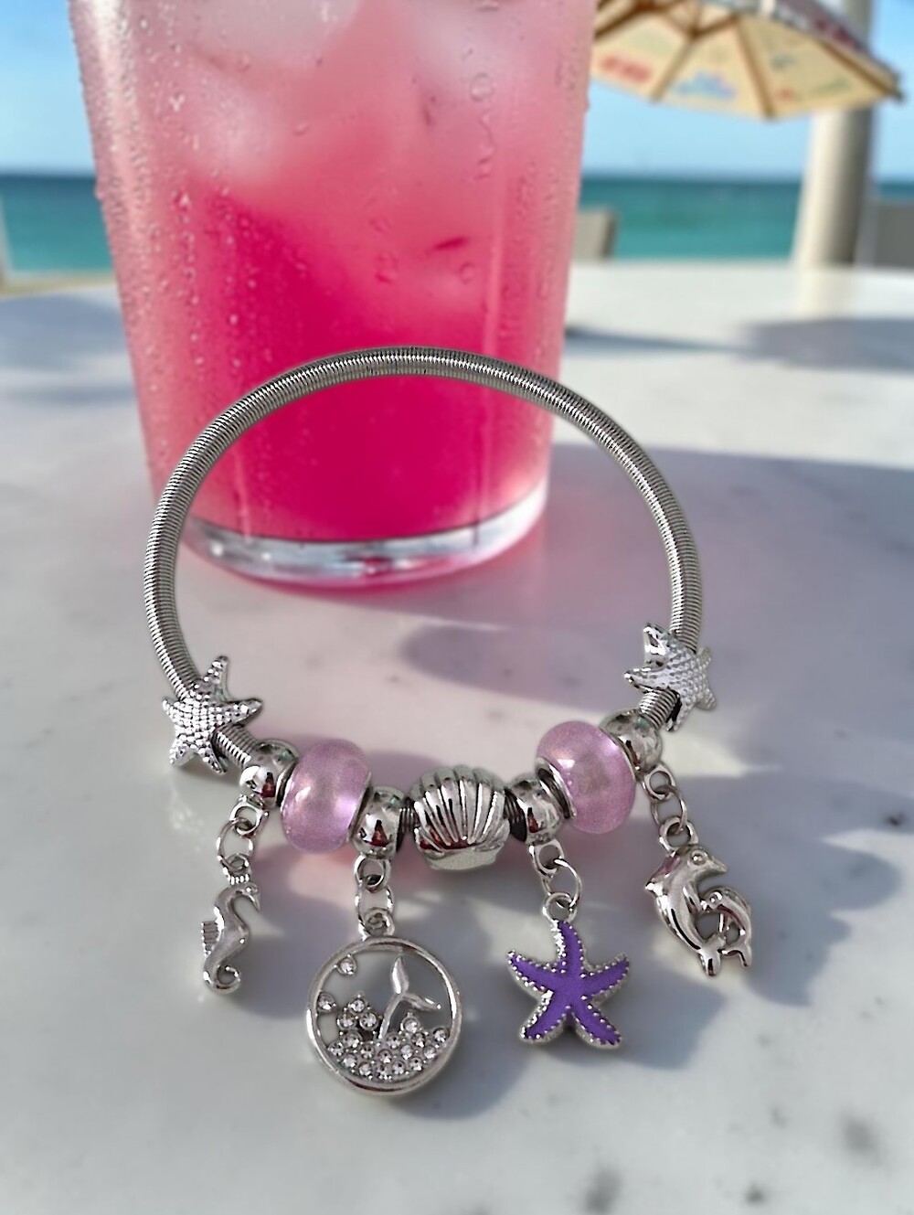 Silver Sea Life Charm Bracelet with Light Purple Starfish